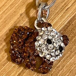 Bear necklace in brown and clear cubic zirconia pendant on silver chain 15”